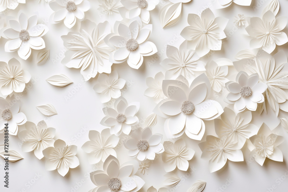Obraz premium Paper cut flowers and leaves, Fresh spring nature background. Floral banner, poster, flyer template with copy space.