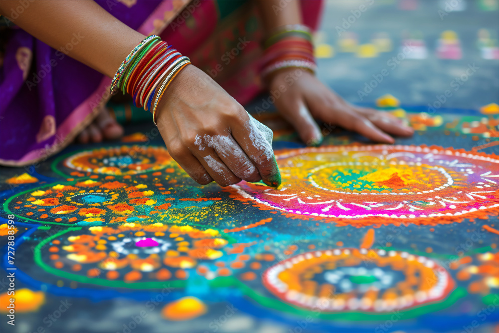 Close up of Indian woman hands drawing alpana rangoli. Gudi Padwa. Ugadi festival in India. Marathi new year concept. Close up of Indian woman hands drawing alpana rangoli. Gudi Padwa. Ugadi festival in India. Marathi new year concept.