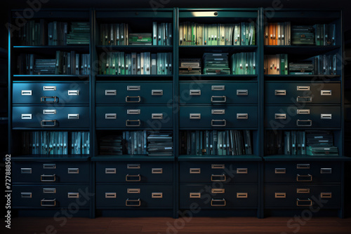 A neatly arranged row of file cabinets portrays the organizational order and systematic storage of information in an office. Generative Ai.