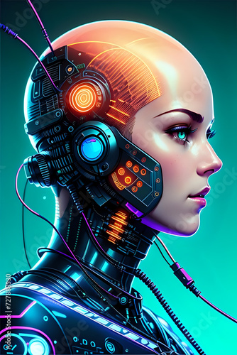 3D illustration of science fiction female humanoid cyborg lost in futuristic neon lit cyberpunk city
