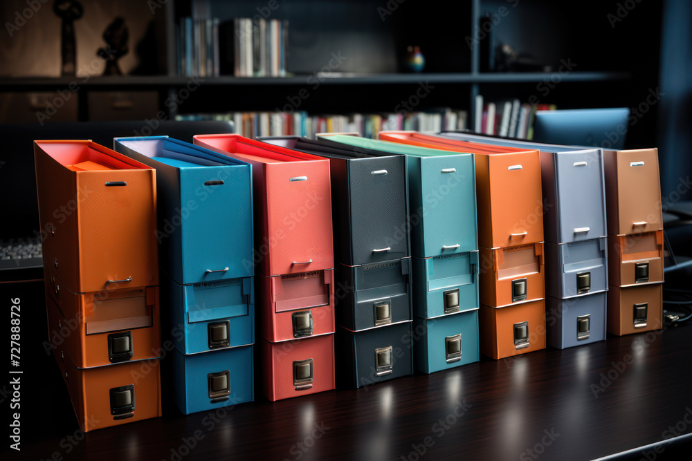 A series of color-coded folders on a desktop signifies the digital order and systematic organization of electronic files. Generative Ai.