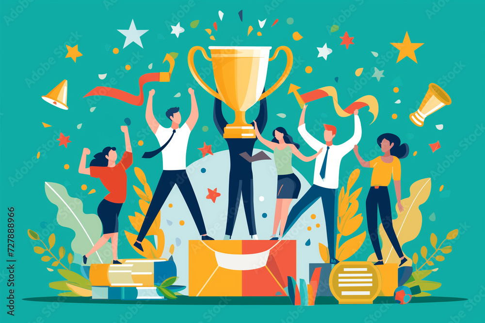 An image portraying a milestone celebration, employees are commemorating achievements and successes together, Vector illustrative photograph of young people surrounded by confetti and party elements An image portraying a milestone celebration, employees are commemorating achievements and successes together, Vector illustrative photograph of young people surrounded by confetti and party elements