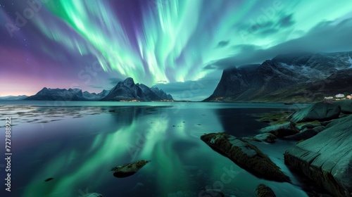Aurora borealis graces the night sky, casting an enchanting glow over a rocky seashore.