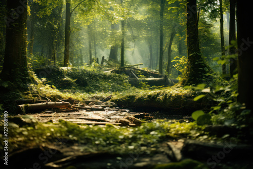 A lush, green forest with sunlight filtering through the leaves, setting the stage for nature-inspired text and environmental themes. Generative Ai. © Sebastian