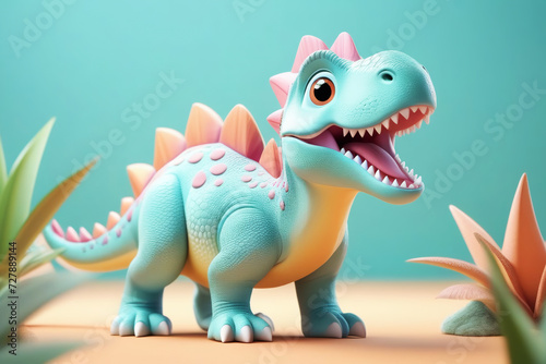 Cute little dinosaur on a lawn with bright flowers and shrubs. A toy good-natured dragon.
