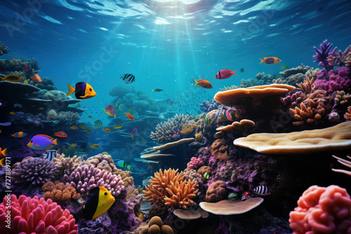 An underwater coral reef scene with tropical fish  creating a colorful and dynamic background for text associated with marine life and conservation. Generative Ai.