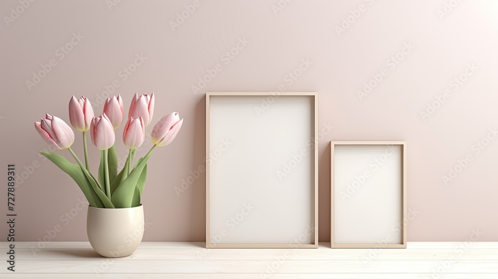 The elegance of pink tulips complementing an empty photo frame, providing an enchanting backdrop for text or designs.