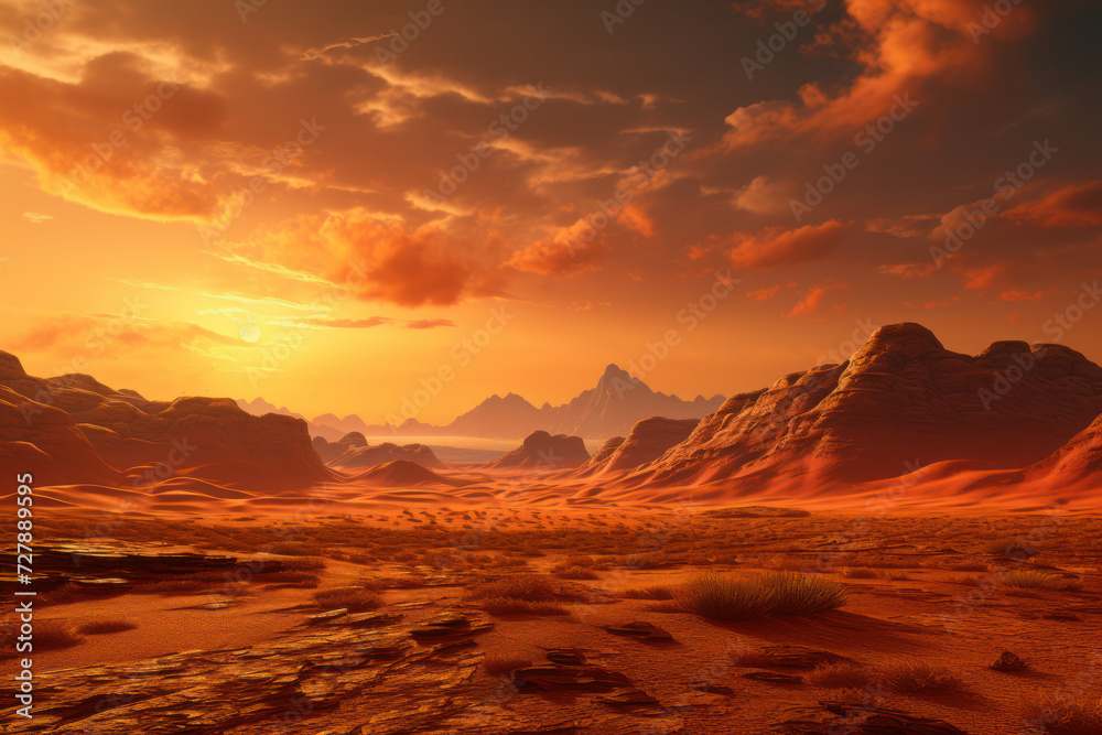 A golden desert landscape at sunset, providing a warm and atmospheric background for text associated with desert themes and exploration. Generative Ai.