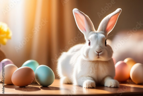 Cute white rabbit is peacefully sitting on on a Wooden Table During Daytime colorful Easter eggs. Symbolizing Easter celebration.