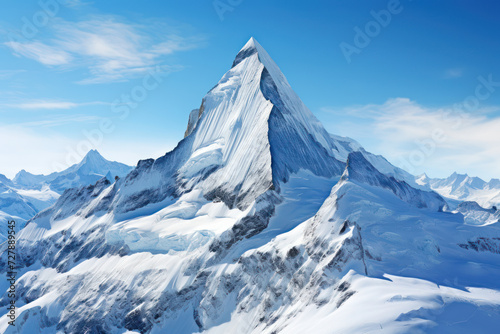 A snowy mountain peak against a clear blue sky  offering a serene and majestic background for text associated with winter and mountain adventures. Generative Ai.