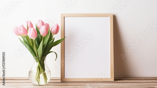 The elegance of pink tulips complementing an empty photo frame, providing an enchanting backdrop for text or designs. © Murda