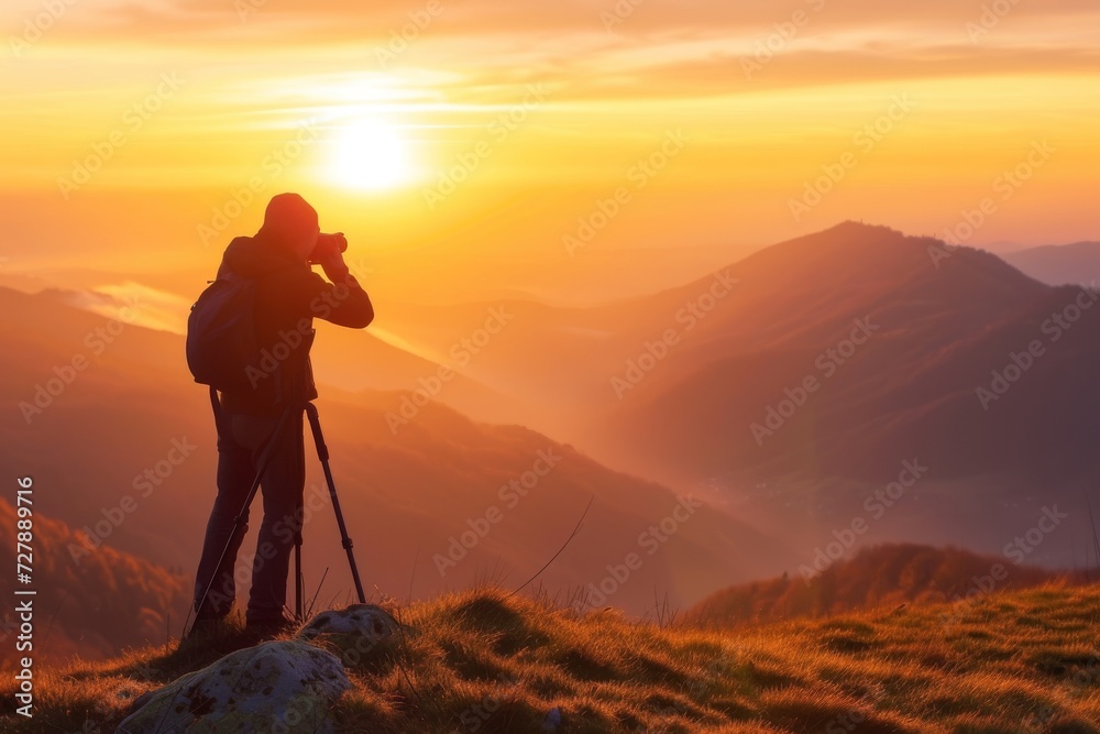 A landscape photographer capturing the sunrise over mountains, with a camera on a tripod, embodying the pursuit of beauty and exploration.