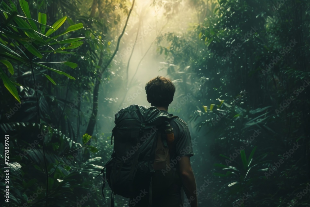 A male adventurer trekking through a dense forest, embodying exploration and resilience in the wilderness.