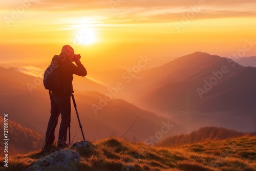 A landscape photographer capturing the sunrise over mountains, with a camera on a tripod, embodying the pursuit of beauty and exploration.