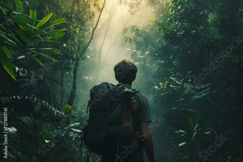 A male adventurer trekking through a dense forest, embodying exploration and resilience in the wilderness.