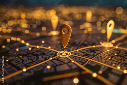 A luxury city view with gold color map pins on high-end shops and exclusive venues, interconnected by network lines indicating premium experiences.