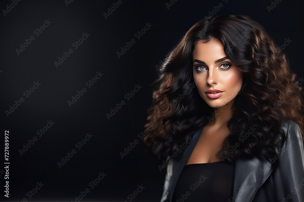 Black hair woman. Beautiful brunette hairstyle fashion portrait with beauty long black hair over black background. fashion interior photo of gorgeous woman with long dark hair