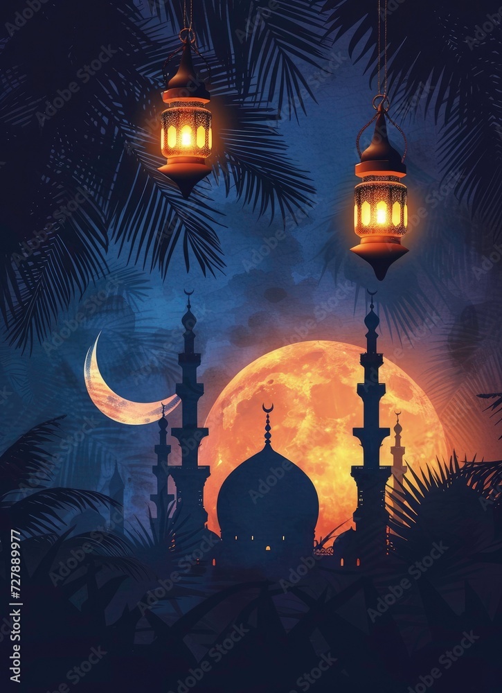 ramadan kareem poster background- Ramadan kareem islamic festival greeting card background, ramadan kareem lantern with mosque background