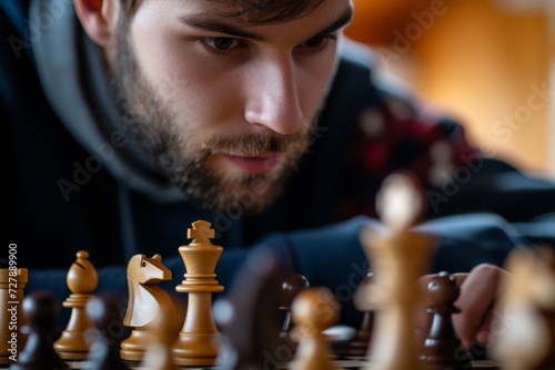 A male chess player concentrating deeply during a tournament, symbolizing strategic thinking and intellectual prowess.