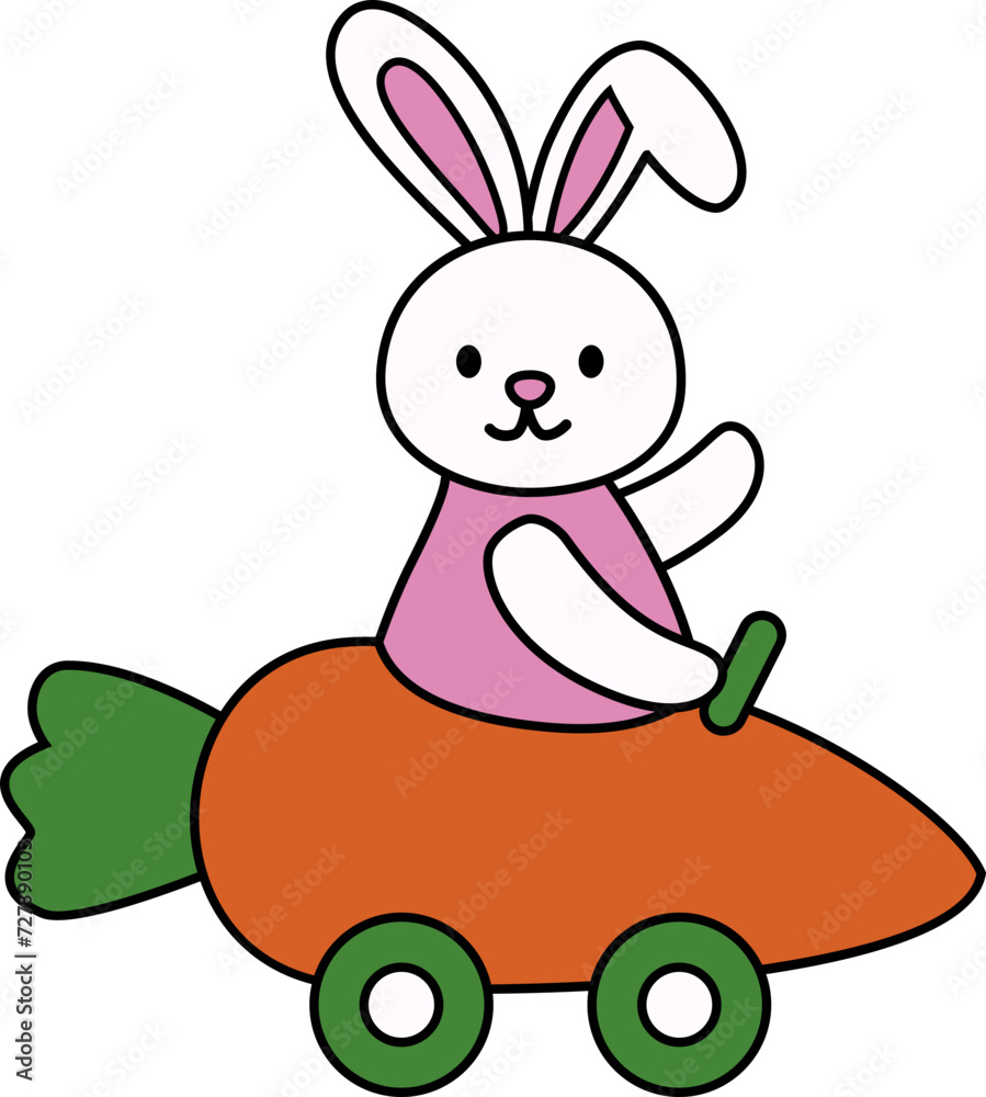 Obraz premium Cartoon style Easter bunny driving a car shaped like a carrot vector