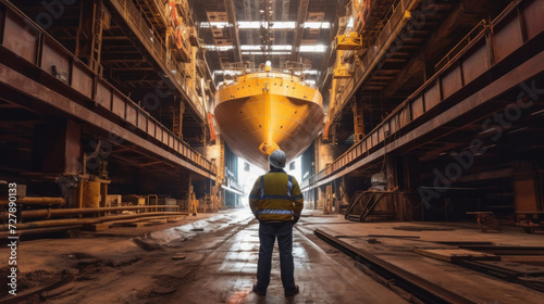 A worker checking underside of ship in dry dock.