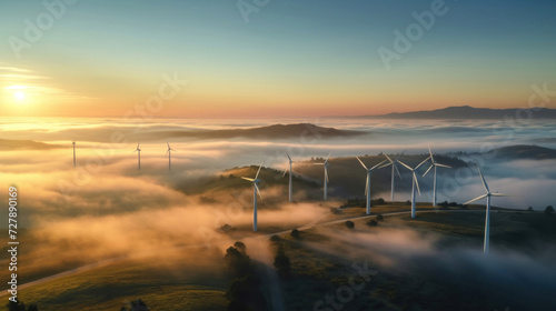 Aerial view of Solar energy and wind turbines in fog.