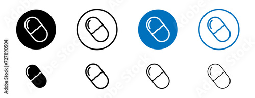 Painkiller Line Icon Set. Pain Reduction Medicine Pill and Capsule Symbol in Black and Blue Color.