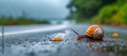 Snail on Roadside during Monsoon Season with Serene Seas as Background