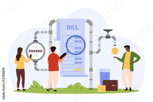 Payment of water bill. Tiny people research paper invoice through magnifying glass, characters monitor consumption and costs to save nature resources and money budget cartoon vector illustration