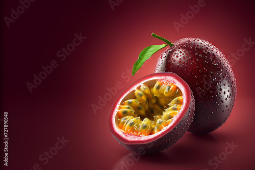Passion fruit with water drops. Deep red background. Space for text.