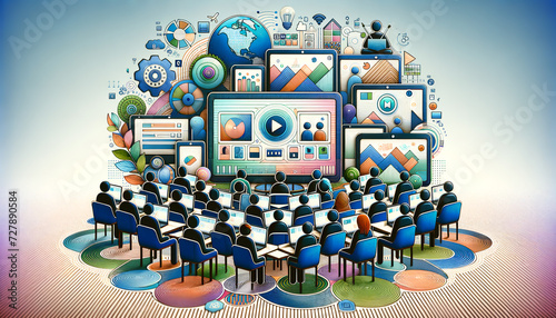 Global Online Learning: Diverse learners connected through sleek devices in a serene digital classroom.