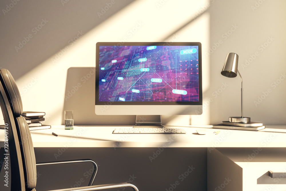 Modern computer screen with abstract creative coding sketch, artificial intelligence and neural networks concept. 3D Rendering Modern computer screen with abstract creative coding sketch, artificial intelligence and neural networks concept. 3D Rendering
