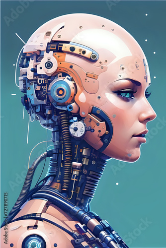 3D illustration of science fiction female humanoid cyborg lost in futuristic neon lit cyberpunk city