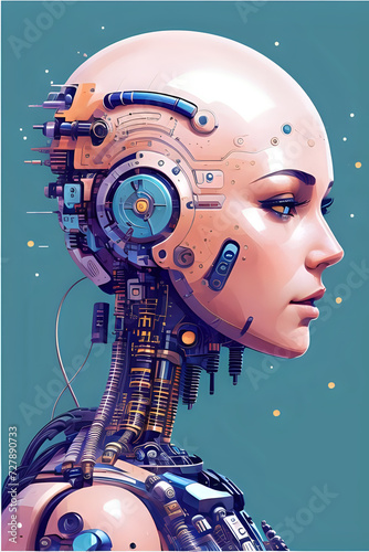 3D illustration of science fiction female humanoid cyborg lost in futuristic neon lit cyberpunk city