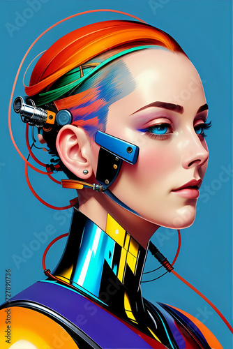 3D illustration of science fiction female humanoid cyborg lost in futuristic neon lit cyberpunk city