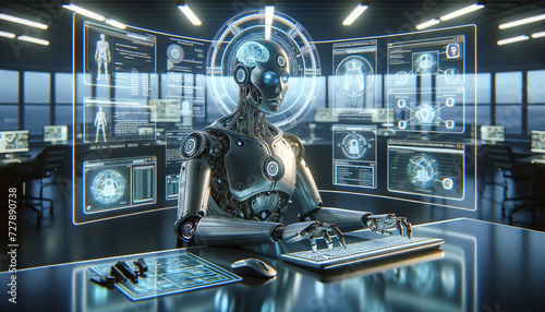 Sleek humanoid robot in high-tech control room executing social engineering attack.