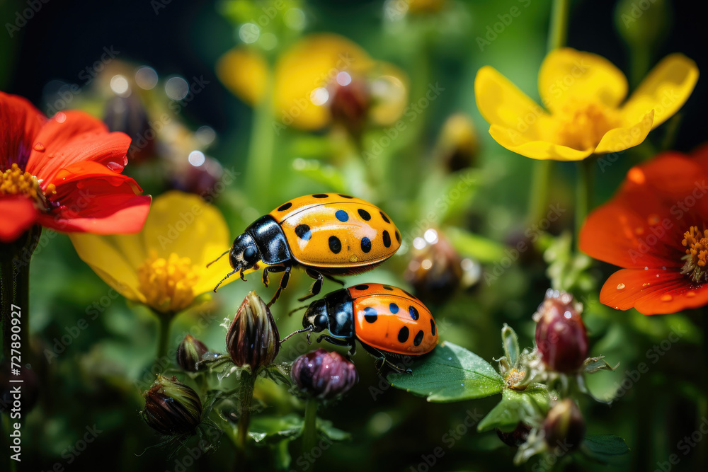 Close-up of two ladybugs on colorful garden flowers ideal for nature and wildlife enthusiasts Close-up of two ladybugs on colorful garden flowers ideal for nature and wildlife enthusiasts