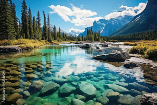 Serene Canadian mountain landscape with clear river, perfect for tourism and relaxation themes