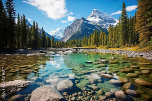 Majestic Canadian Rockies reflected in a crystal clear river amidst autumnal trees a scenic landscape for tourism and nature conservation
