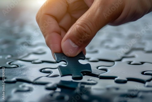 A businessman's hand placing the final piece into a puzzle, symbolizing solution finding, completion, and achieving strategic goals.