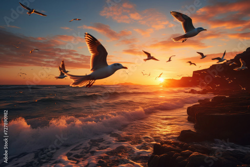 Seabirds flying over the ocean at sunset capturing wildlife and tranquility for inspirational outdoor themes © Made360