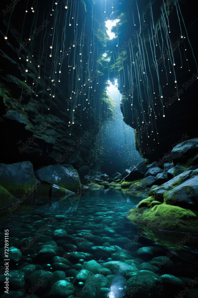 Ethereal cave with bioluminescent lights serene environment for eco-tourism and adventure