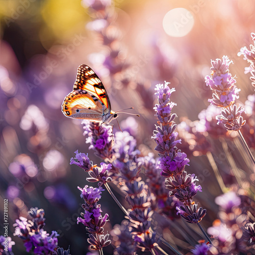 Butterfly on lavender in a serene garden ideal for wildlife conservation themes vibrant purple flowers and orange wing patterns in a tranquil outdoor setting