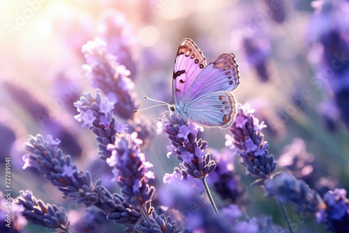 Butterfly on lavender flowers symbolizing wildlife beauty and spring pollination perfect for nature conservation themes © Made360