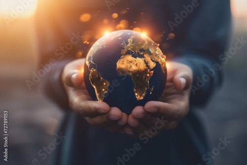 A businessman's hands holding a glowing globe, symbolizing global impact and responsibility in business ethics photo