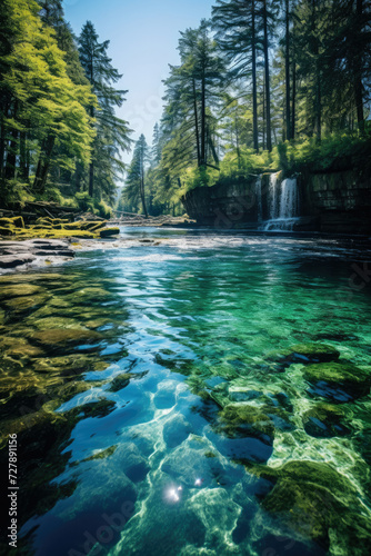 Scenic waterfall and clear blue river in lush green forest ideal for nature themes travel brochures and eco-tourism