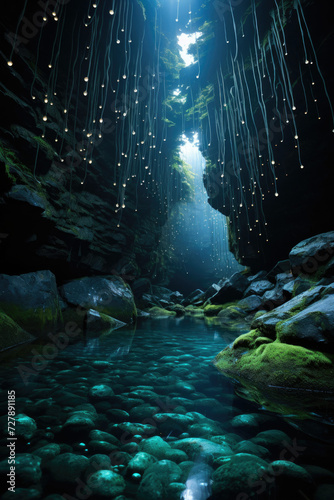 Ethereal cave with bioluminescent lights serene environment for eco-tourism and adventure
