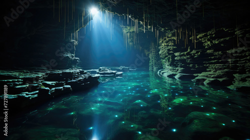 Ethereal subterranean cave with bioluminescent life perfect for fantasy movie setting and nature exploration themes