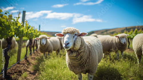  flock of merino sheep grazing in vineyard