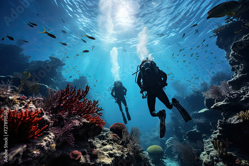 Scuba divers exploring serene underwater coral reef ecosystem in clear blue ocean for leisure eco-tourism and marine biology © Made360